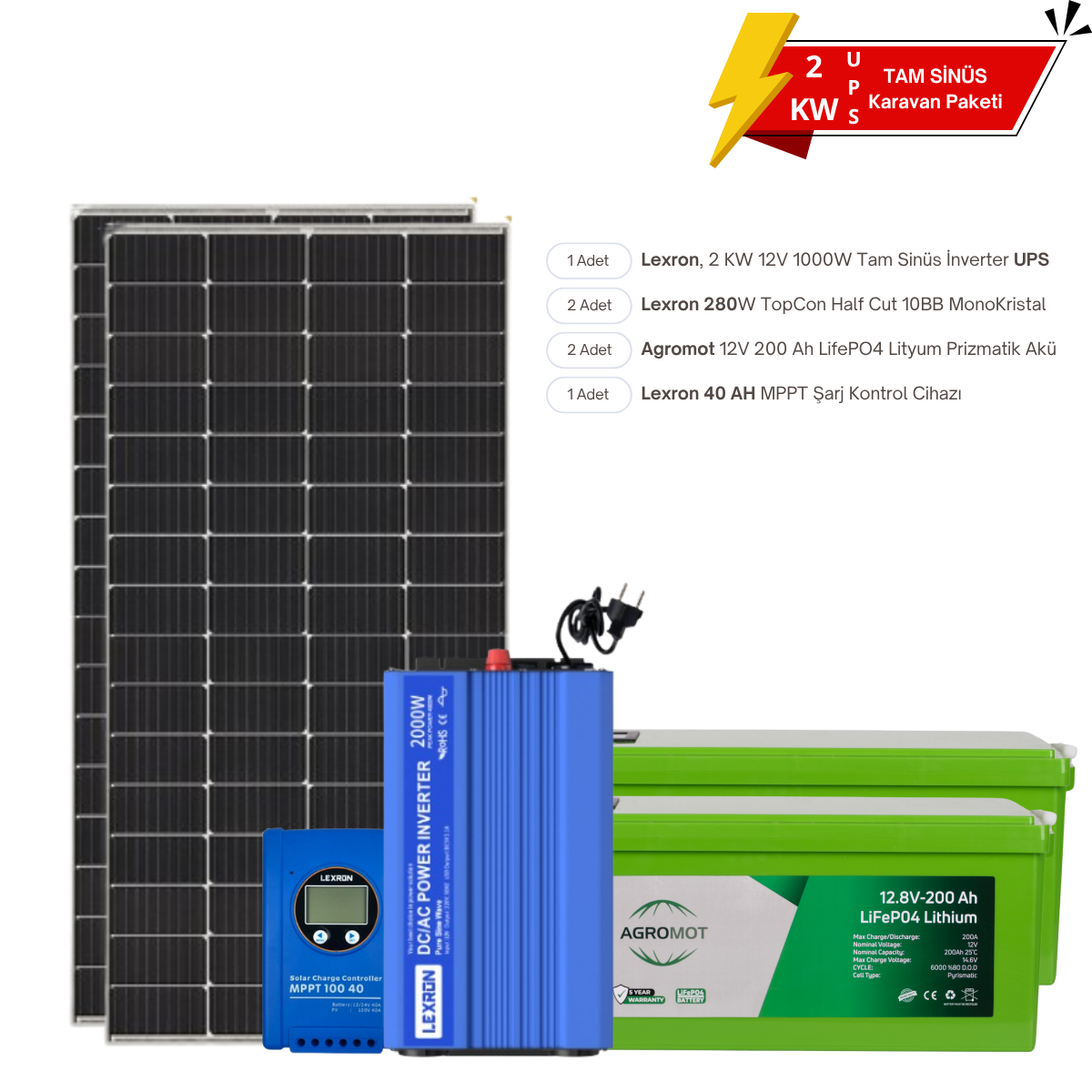 Elçi Solar 2 KW Karavan Solar KONFOR 1 2 200 Lityum UPS Paket 560W Güneş Enerji Sistemi